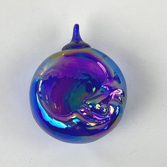 Hand Blown Iridescent Glass Ornament Half Moon Stars Design Blue Purple Vintage - Picture 1 of 10